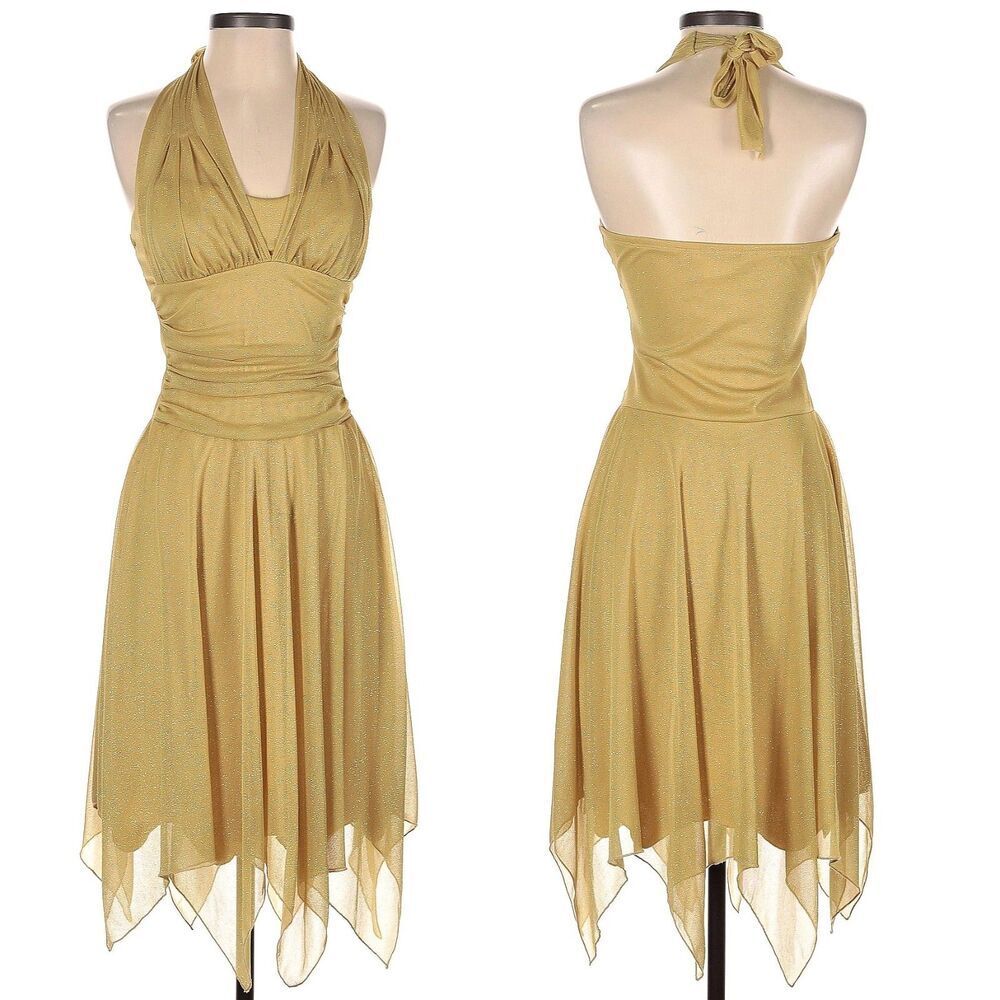 Vintage y2k Speechless Gold Midi Dress Fairycore Glitter Halter Siren Size S - Picture 2 of 12